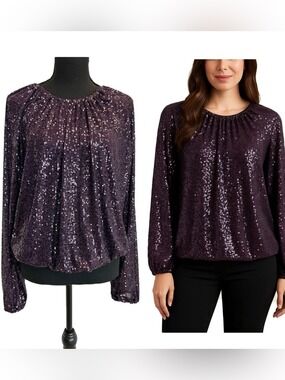 Suzy Shier plum purple Sequin Long Sleeve Peasant Blouse Sz L NWOT sparkly